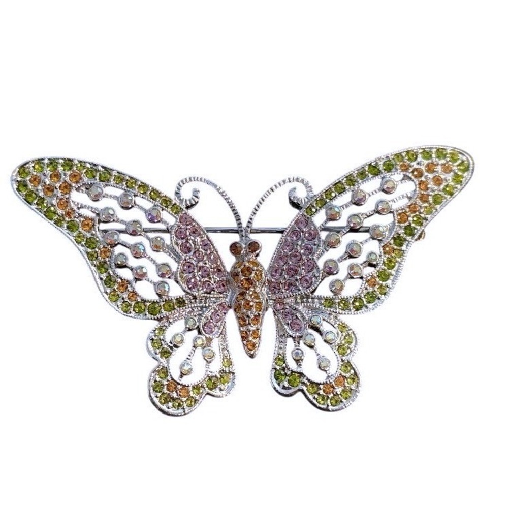 VTG Multi-Color Rhinestone Butterfly Brooch Silver‎ Filigree Spring Jewelry